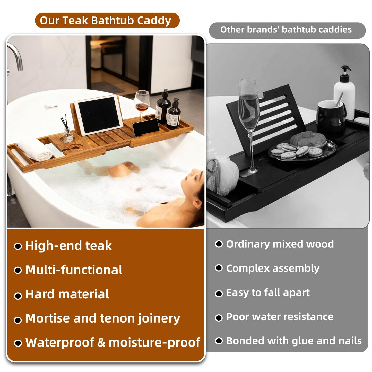 Boflay Expandable Teak Bathtub Tray - Luxury Wooden Bath Caddy & Tub Shelf, Over-The-Tub Bath Table with Book & Wine Glass Holder, Waterproof Bathroom Organizer for Spa Experience