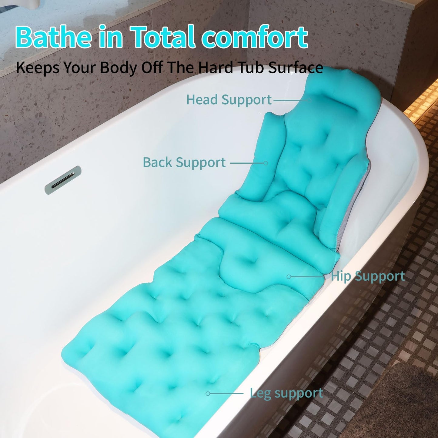 Flozerra Full Body Bath Pillow, 51"x16" Thick Bathtub Cushion with Laundry Bag, Neck & Back Support Pillow for Bathtub, Ocean Blue