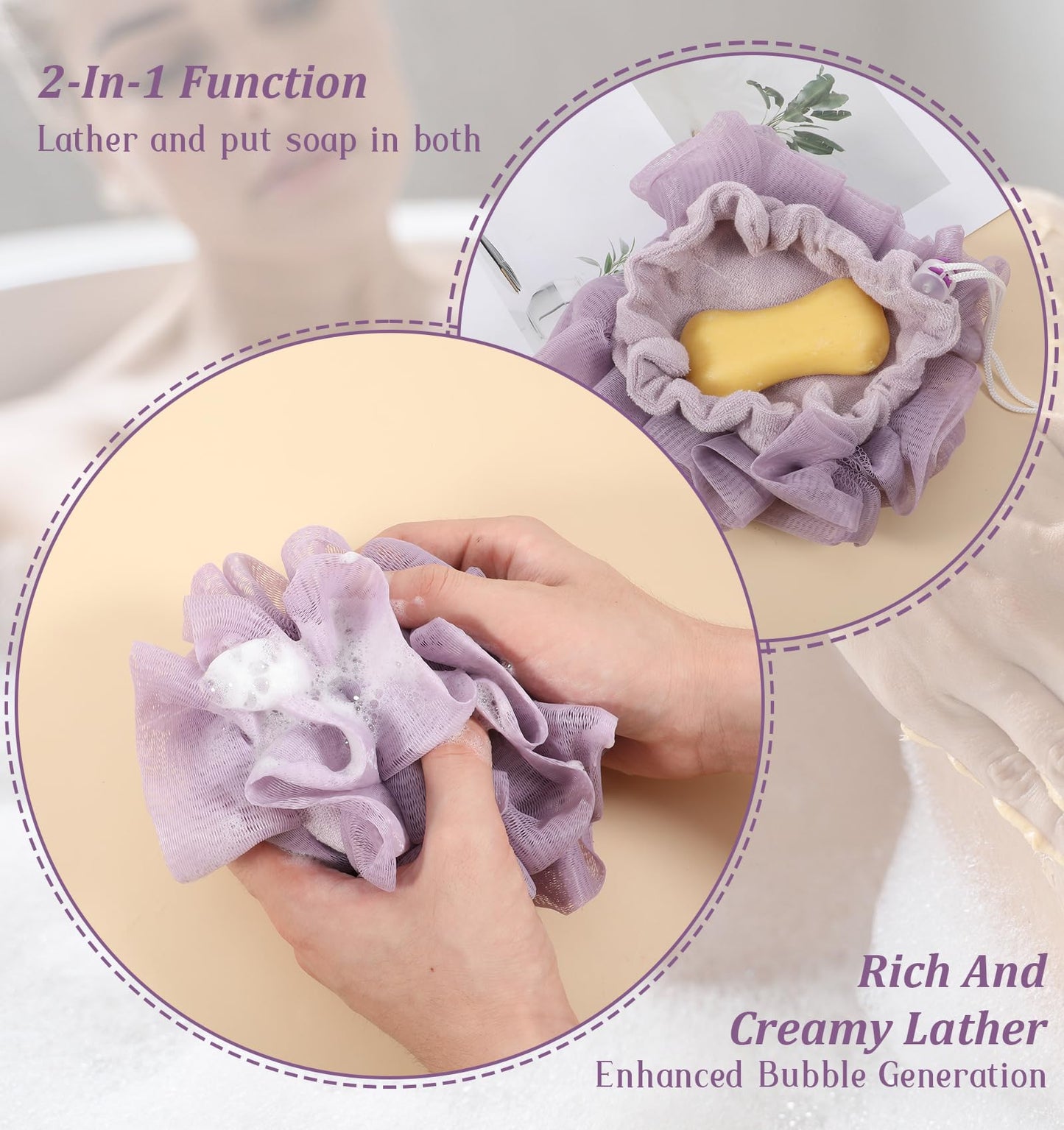 3 PCS Loofah Washcloth Combo 2-in-1, Soap Bar Loofah Exfoliating Shower Pouf with Bar Soap Pocket Body Scrubber Exfoliating Loofa for Women & Men Bath Accessories Cleaning Tool (Green Purple Khaki)