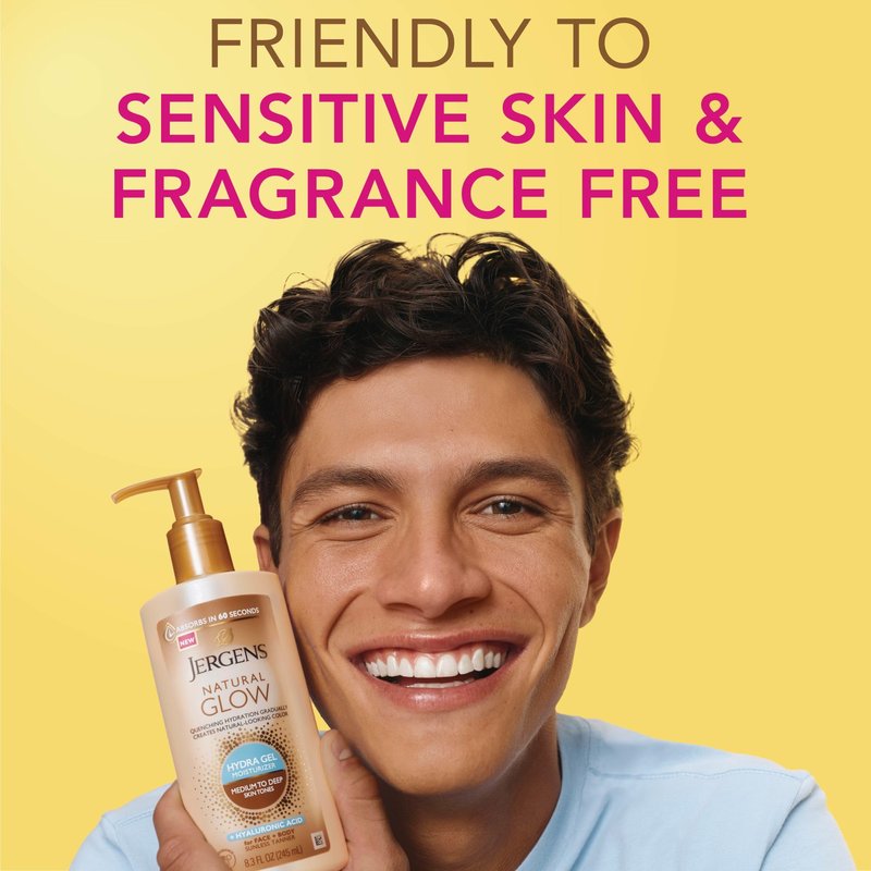 Jergens Natural Glow Hydra Gel Moisturizer, Gradual Tanning Lotion with Hyaluronic Acid, Hydrating Tanning Gel, Fragrance-Free Self Tanner, Medium to Deep Skin Tones 8.3 Fl Oz