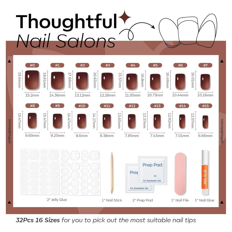 Modelones Brown Press-On Nails - Short Square Fake Nails, Reusable Kit with Glue & Mini File | 32 Pcs, 16 Sizes