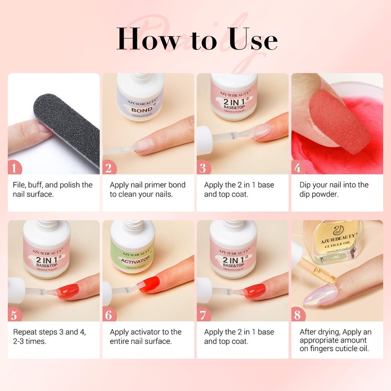 AzureBeauty Dip Powder Liquid Set 15ml/0.5oz Nail Repair Cuticle Oil Dip Powder Base Top Coat with Activator, Bond, Cuticle Care for Dipping Powder Nail Kit, No Need Nail Lamp