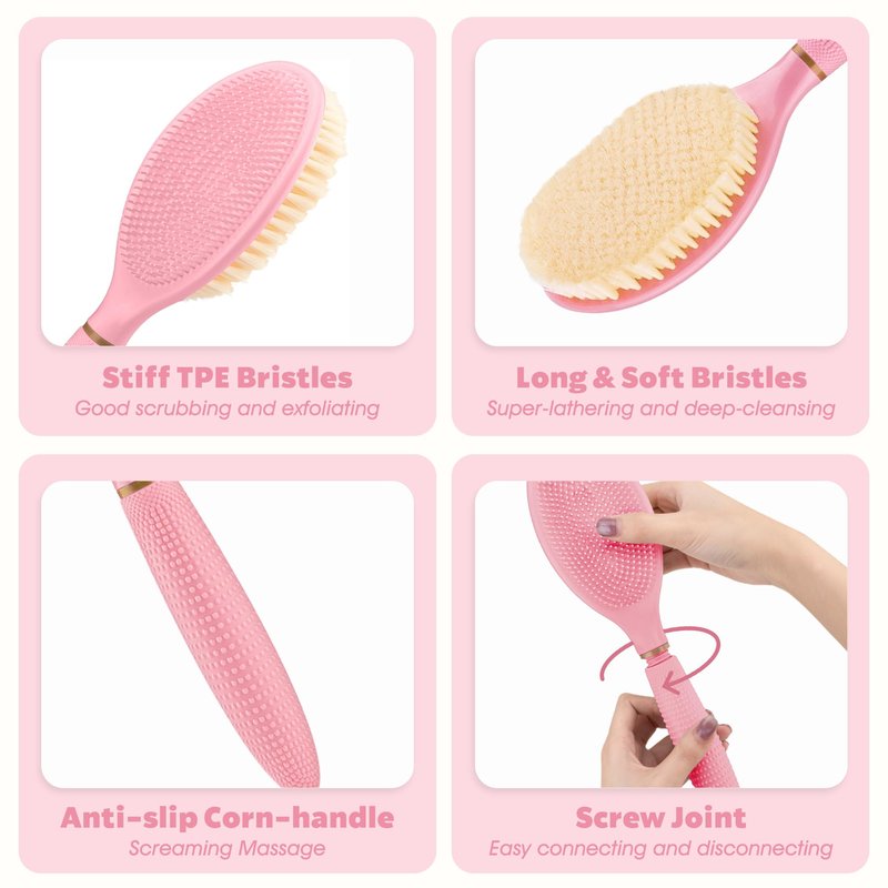 GEENOA Foot Brush & Back Scrubber Set, 27.5'' Adjustable Foot Scrubber for Shower, 18.9'' Shower Back Scrubber with 3-Length Usage, Great Aid for People with Limited Mobility(Pink Set)