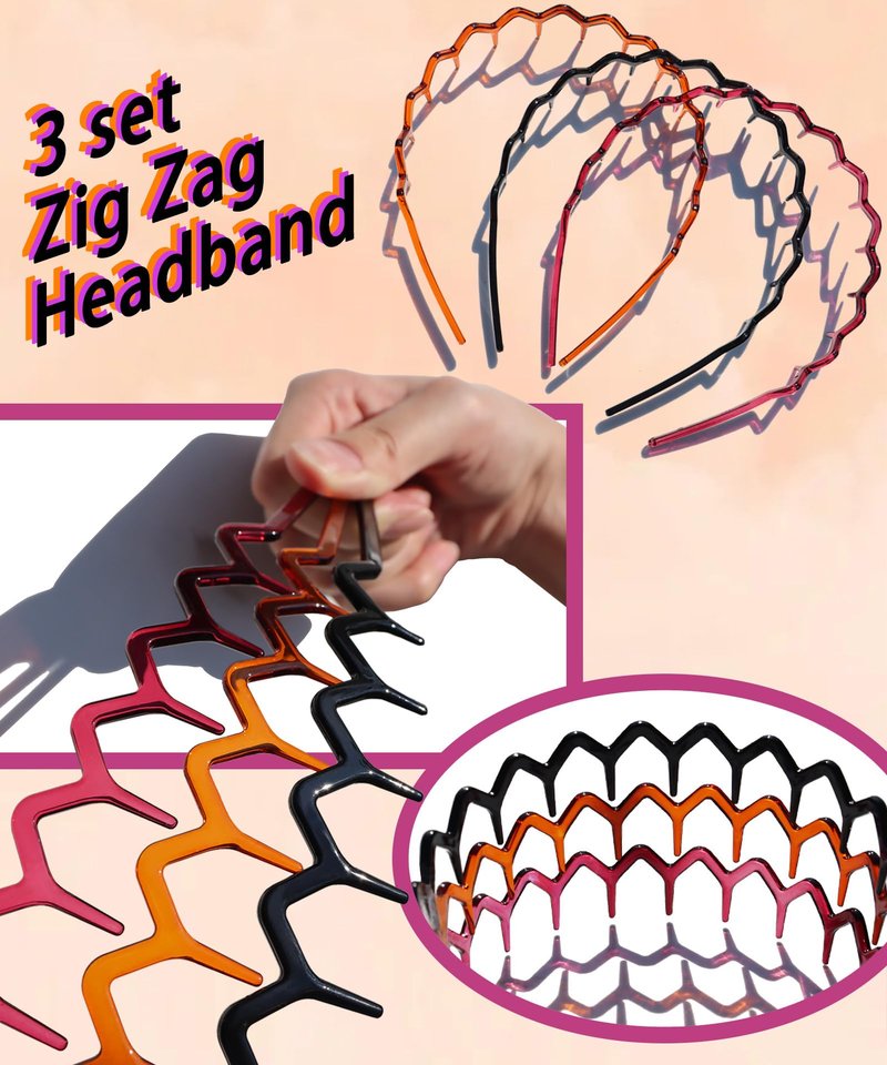 3PCS Zig Zag Headbands for Women Non Slip, ZigZag Hair Comb Headbands with Teeth, Classic 90s Amber Purple Black Headband for Women Men, Plastic Hair Accessories or Everyday Styling & Workout