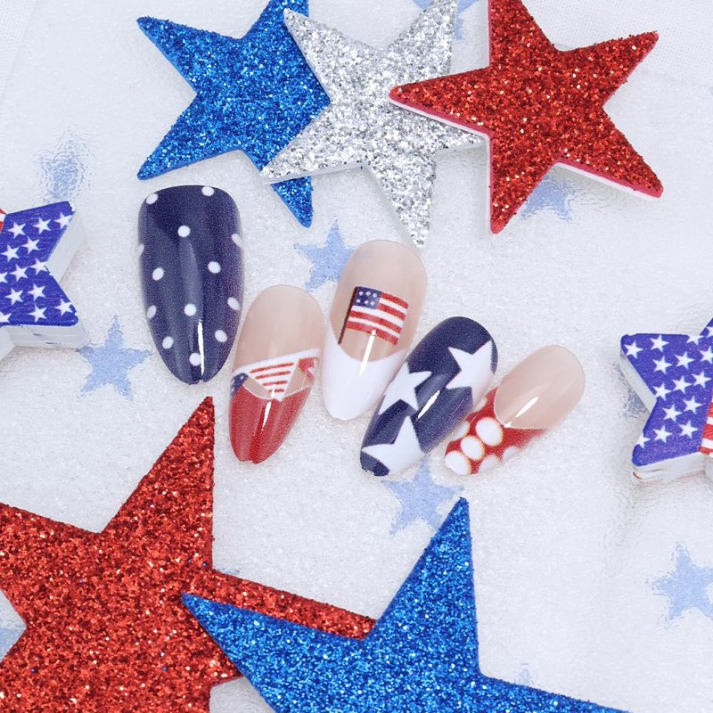 Independence Day Press-On Nails - 30Pcs Medium Almond Red, White & Blue Star Design | Reusable Patriotic Fake Nails for Women