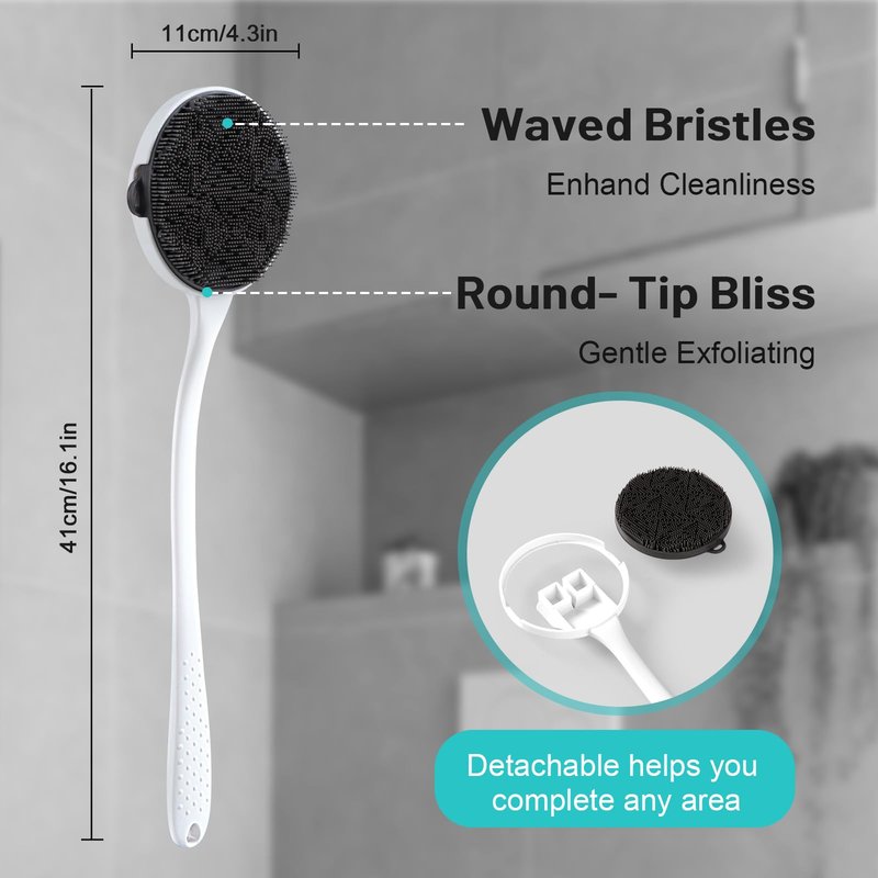 Silicone Back Scrubber for Shower - 16'' Detachable Long Handle Exfoliating Brush, 2025 Upgrade Loop Fin Bristles Body Brush, Deep Cleansing for All Skin, Back Washer for Men and Women (Black)