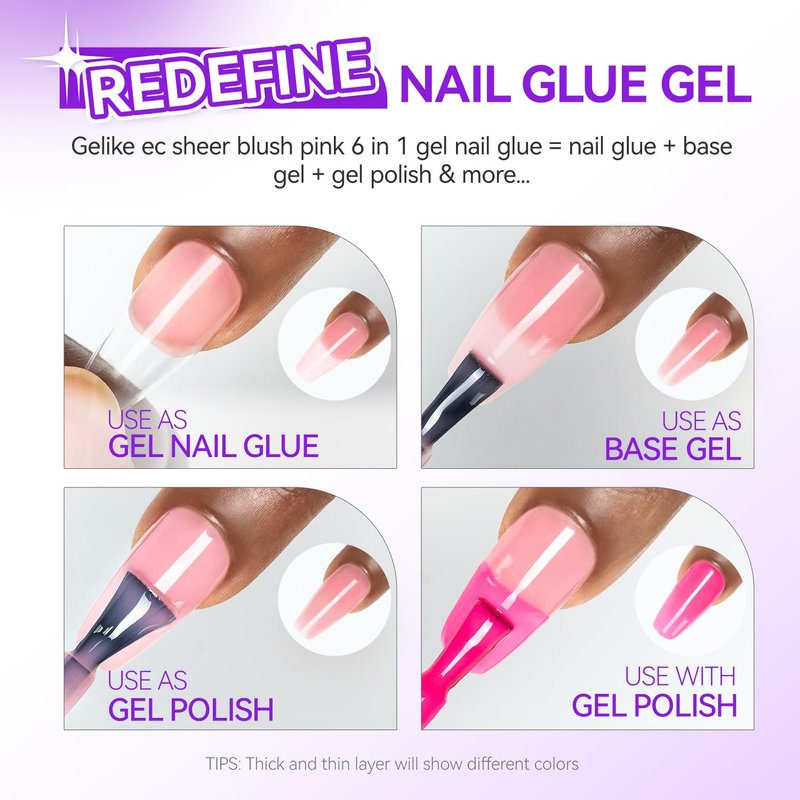 Gelike EC 6-in-1 Jelly Nail Glue Gel: Sheer Blush Pink UV Rubber Base Builder Gel for Apex Building & Short Extension – Extra Strong Adhesive for Press On & Acrylic Nail Tips for Home DIY Girls Gift