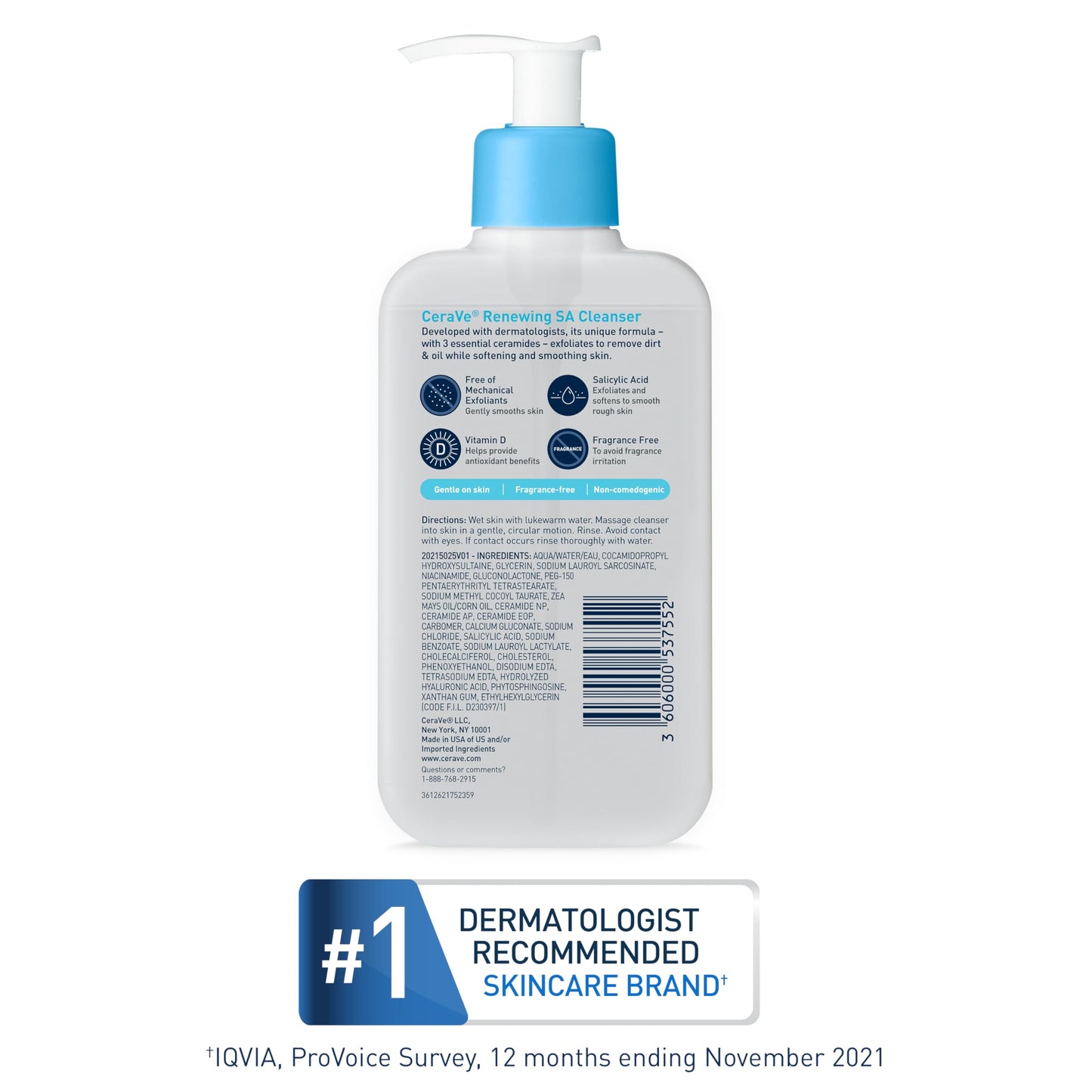CeraVe Renewing Salicylic Acid Cleanser, Formulated With Hyaluronic Acid, Niacinamide, & Ceramides, Gentle BHA Exfoliating Face Wash Smoothes & Softens Skin, Non Comedogenic & Fragrance Free, 16 Ounce