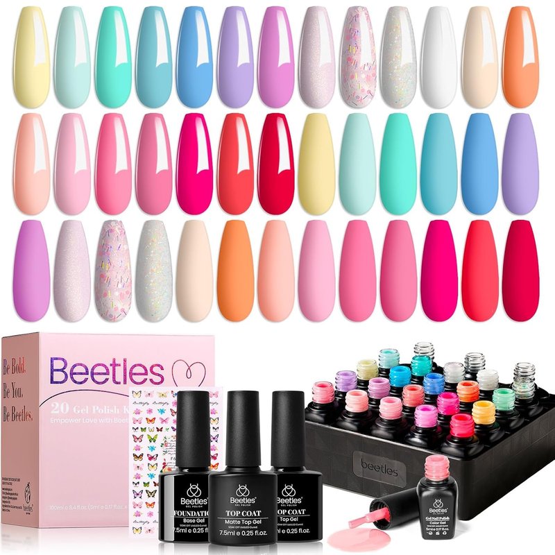Beetles Gel Nail Polish Set, 20 Colors Pastel Pink Blue Purple Green Yellow Nude Summer Gel Nail Polish, UV LED Soak Off Gel Polish Kit DIY Manicure Gift for Women