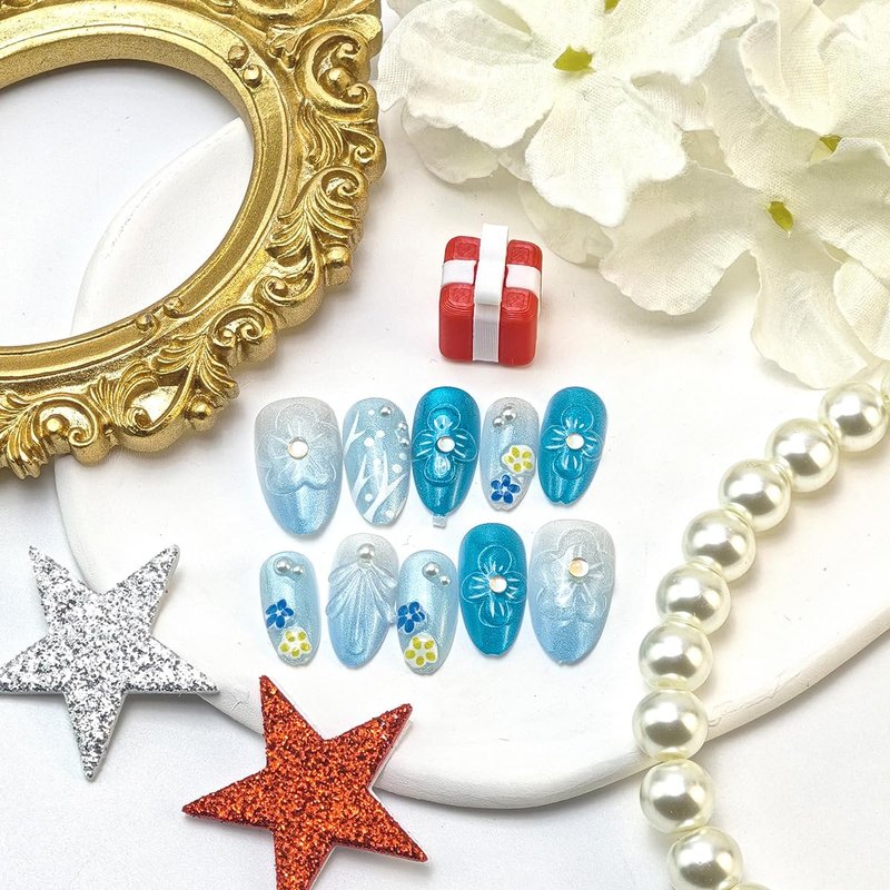 Skiennix 24Pcs Blue Press-On Nails - Short Almond Shape with 3D Flower Pearl Designs | Full Cover Ocean-Inspired Summer Manicure