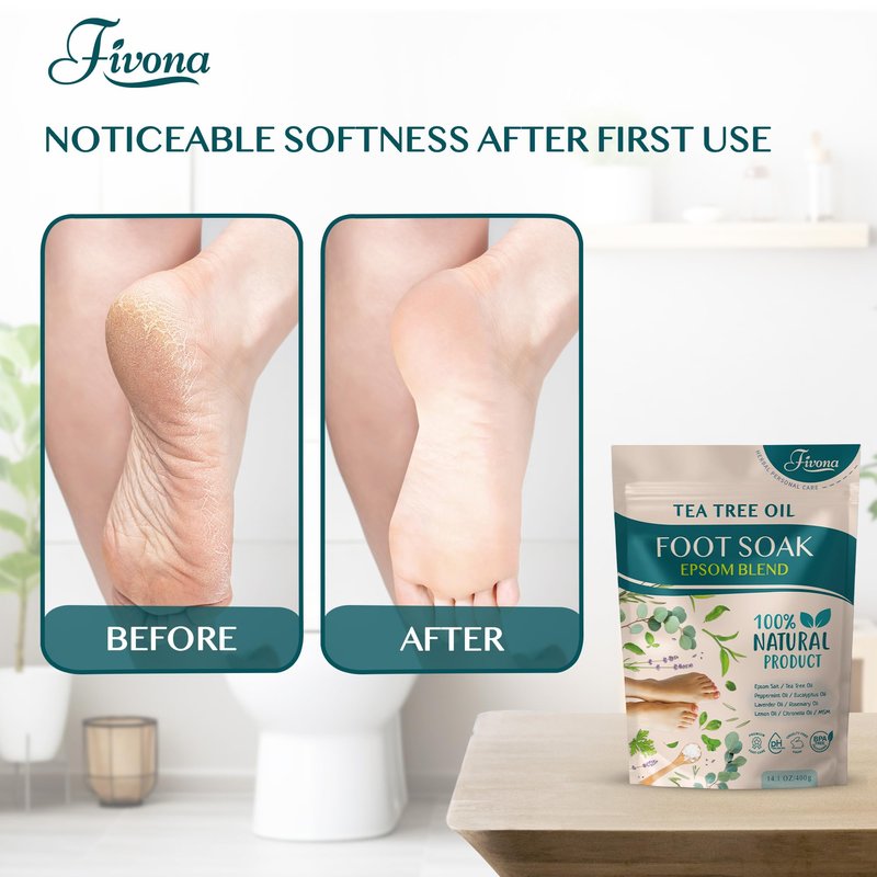 Fivona Tea Tree Foot Soak Blend 14.1 oz - Epsom Salt with Essential Oils for Healthy Toenails, Soothing Relief, Callus Softening - Pedicure Therapy for Soft, Rejuvenated Feet