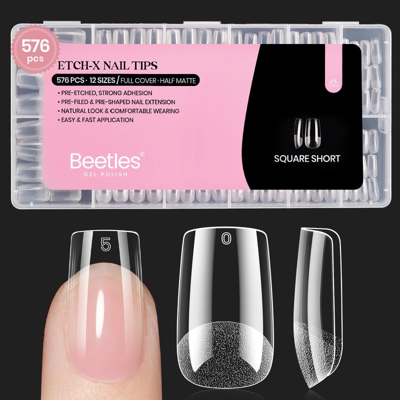 Beetles Gel Nail Tips Etch-X, Square Short, 576Pcs 12 Sizes, Pre-Shaped Half Matte Full Cover Soft Acrylic False Nail Tips Easy DIY Press On Nail Extension Manicure Salon Gift for Women