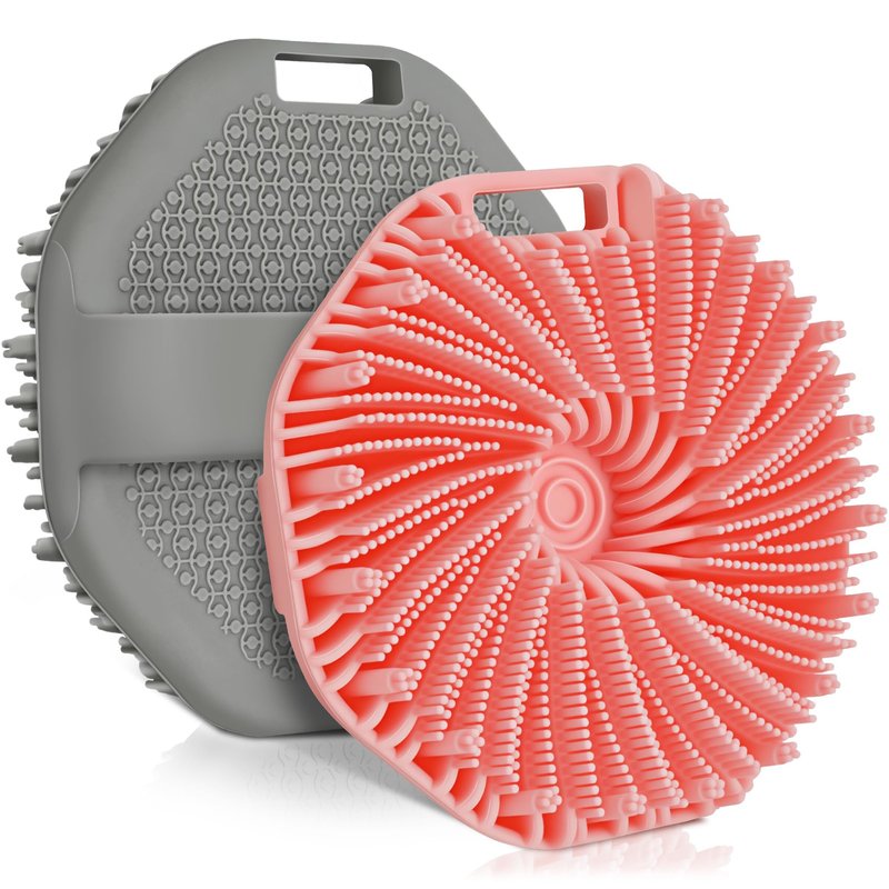 Silicone Body Scrubber, 2 PCS Exfoliating Body Scrubber, Silicone Loofah Bath Brush with Hand Strap, No-Slip Silicones Body Wash Brush Body Scrubbers Shower Cleaning for All Skin Types (Grey & Pink)