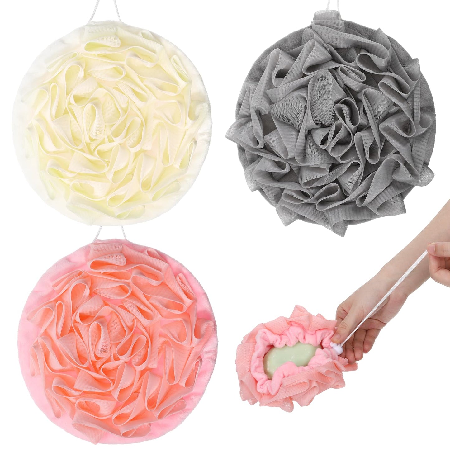2 in 1 Soap Bar Loofah, 3 Pcs Bar Soap Loofah Pouch, Can Hold Soap Effective Exfoliation for Women and Men - Shower Sponge for Body with Rich Lather（ Beige & Pink & Gray ）