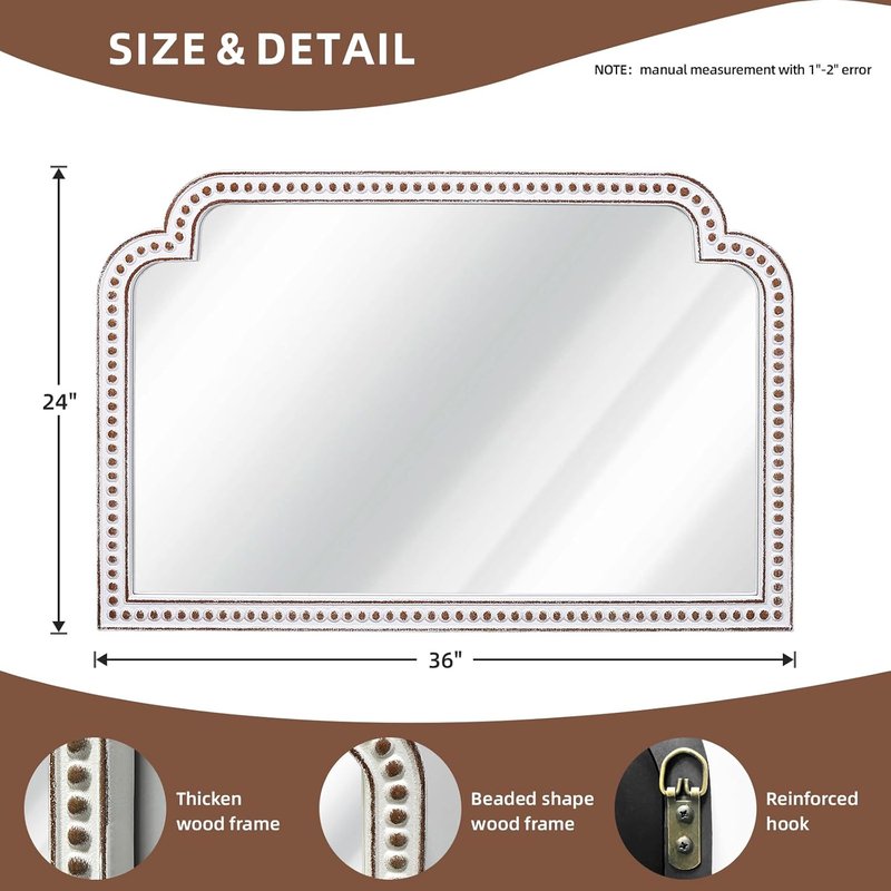 HOITUZYUS Farmhouse Wooden Wall Mirror - 24x36 Inch Beaded Decor for Living Room, Bedroom, Entryway