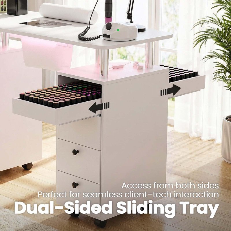 Oakvera Nail Tech Table with Dust Collector & LED Light, Rolling Manicure Desk with Storage Drawers & Cabinets, Lockable Wheels, Acetone-Resistant Beauty Workstation for Salon, Home (White)