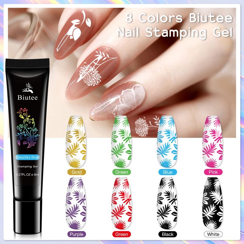 Biutee Nail Stamping Kit 12Pcs Nail Art Stamp Plates 8 Colors Stamping Polish Gel Silicone Stamper Scraper with Storage Bag, Nail Stamping Plate Lace Star Rose Plaid TemplateHoliday Design Gift
