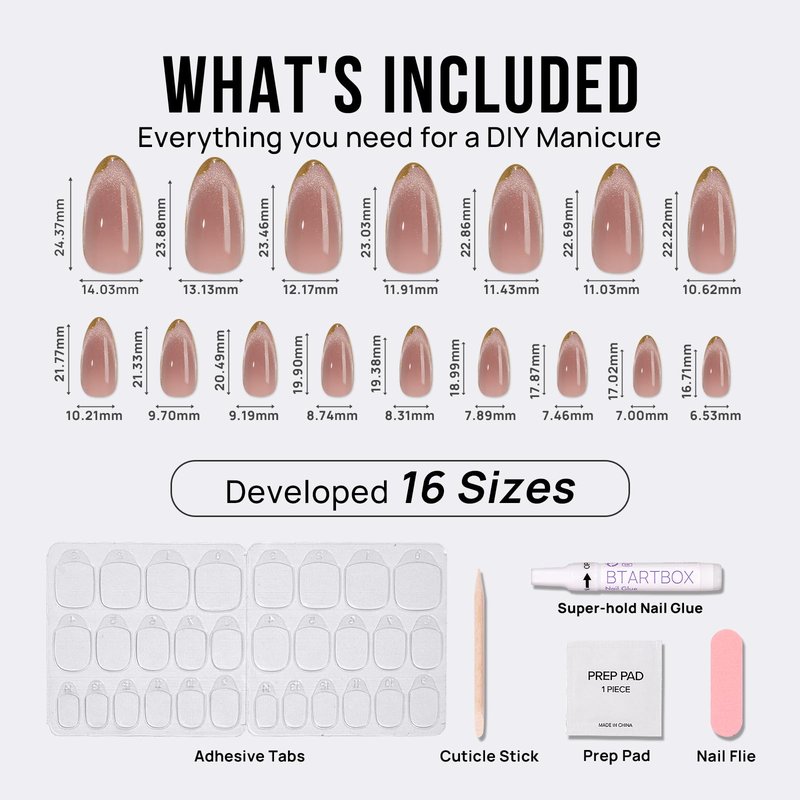BTArtbox Press On Nails Almond - Knightshield, Cat Eye Press On Nails Medium Fake Nails with 3D Sculpting Metallic Design, Supremely Fit & Glossy Glue On Nails in 16 Sizes, 32 Stick On Nail Kit