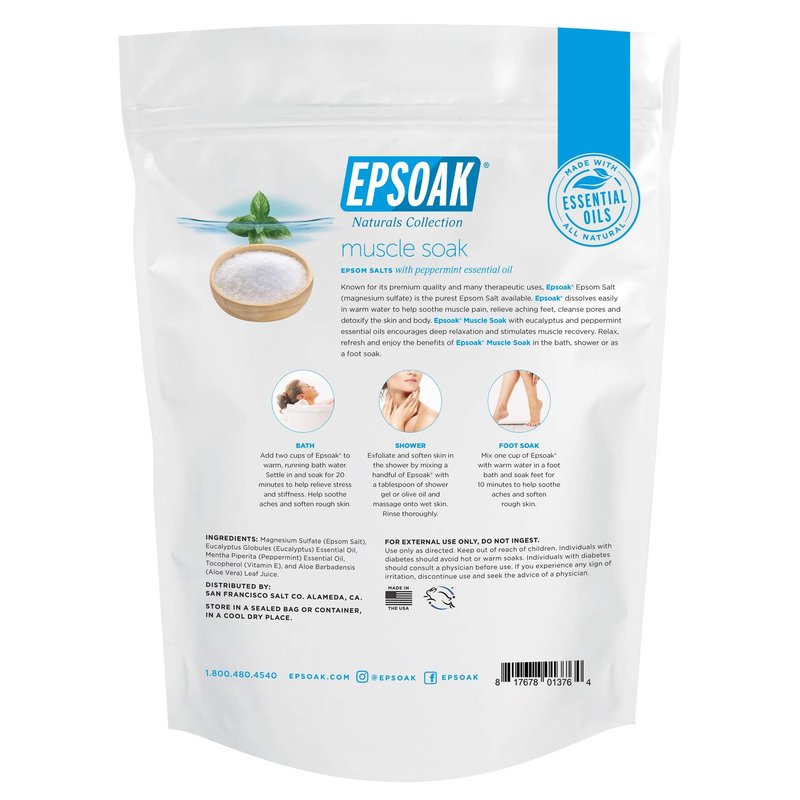 Epsoak Muscle Soak 2 lb. USP Magnesium Sulfate with Peppermint Scent Resealable Epsom Salt Bag, Made in The USA, Cruelty-Free Certified