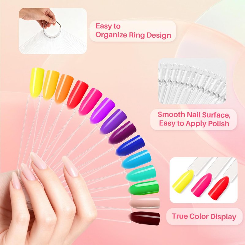RAQEHO 200PCS Nail Swatch Sticks - Clear Nail Color Swatches with Ring Acrylic Fan Shape Nail Polish Sample Swatches Nail Practice Stick Gel Polish Display Stick for Technician Beginner Home Salon Use