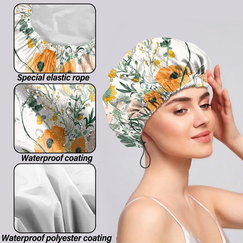 Cabreche 2 PCS Shower Cap Reusable Waterproof Double Layers Hair Caps Shower Bath Adjustable Elastic Hat for Women Girls Cute Aesthetic-Orange Flower