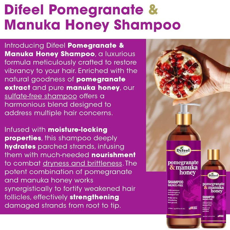 Difeel Pomegranate & Manuka Honey Shampoo - Sulfate-Free Formula for Strengthening & Moisturizing 33.8 oz