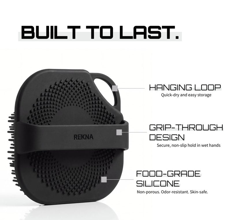 REKNA Silicone Body Scrubber for Shower - Exfoliating Body Brush with Non-Slip Grip - Durable Loofah Alternative - Soft Bristles for Gentle Cleansing, High Lather & Quick Drying, Black