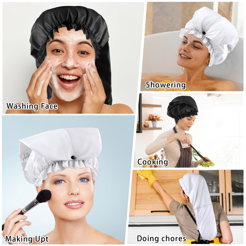 2 Pcs Large Shower Cap for Braids, Extra Long Shower Cap for Women Long Hair & Locs, Waterproof Hair Bonnets for Dreadlocks Drawstring Bath Caps for Women & Men (Black, White)