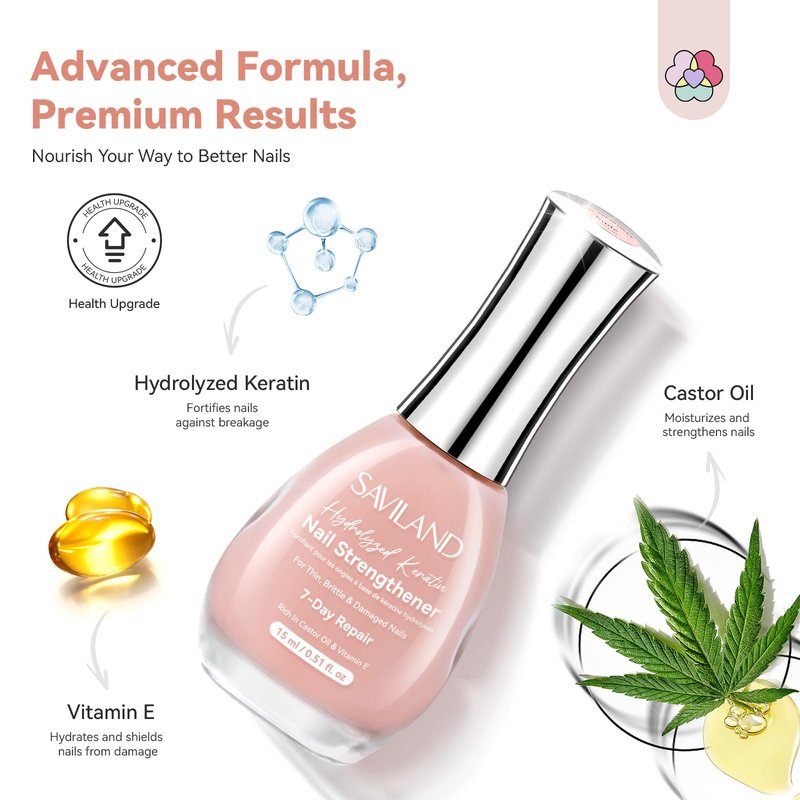 SAVILAND Nail Strengthener: Jelly Nude Nail Growth for Damaged Nails Air Dry Natural Concealer Foundation Polish 15ml Strengthening Polish Repair Weak & Thin Nails Fingernail Nail Care Gifts for Women