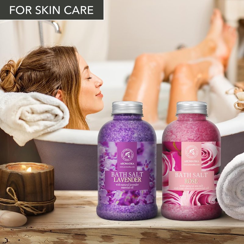 Bath Sea Salt Set 2х21.16Oz - Lavander & Rose - Lavender Essential Oil - Natural Rosewood Oil & Rose Extract - Aromatherapy - Relaxing - Body Care - Beauty