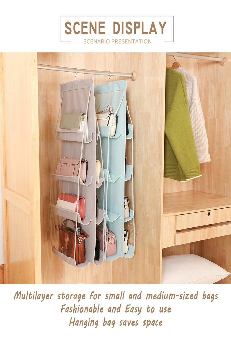 AARAINBOW 2 Packs Hanging Handbag Purse Organizer for Closet, Womens Purse Storage Bag, 8 Pockets Wardrobe Space Saving Purse Holder, Wardrobe Handbag Organizer, 41L*13.5W (B, 2 Gray)