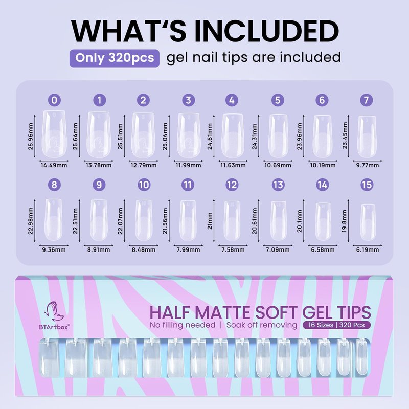 BTArtbox Square Gel Nail Tips - 320pcs Press on Nails Medium, Pre-shape Half Matte Clear False Tips, Full Cover Acrylic Fake Nails For Nail Extension, Home DIY Nail Salon 16 Sizes