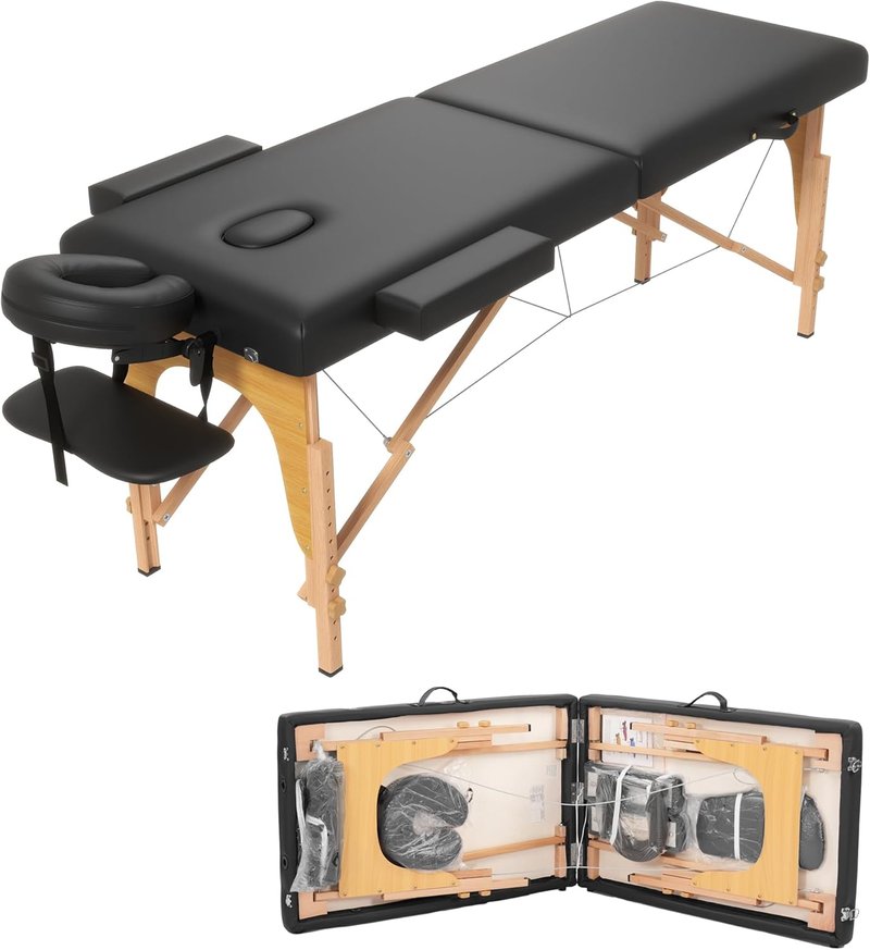 Portable Massage Table - 2 Section Foldable Tattoo Bed | Height Adjustable Lash Spa Bed with Face Cradle - Black