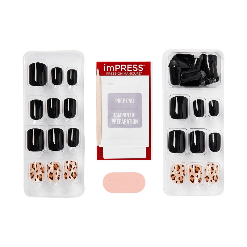 Kiss Impress No Glue Mani Press On Nails, Design, 'Romantique', Black, Short Size, Squoval Shape, Includes 30 Nails, Prep Pad, Instructions Sheet, 1 Manicure Stick, 1 Mini File