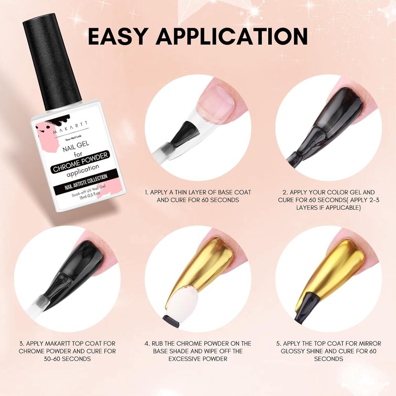 Gel Top Coat for Chrome Nail Powder - 15ml Clear No Wipe High Gloss Finish | Long Lasting & Easy Application