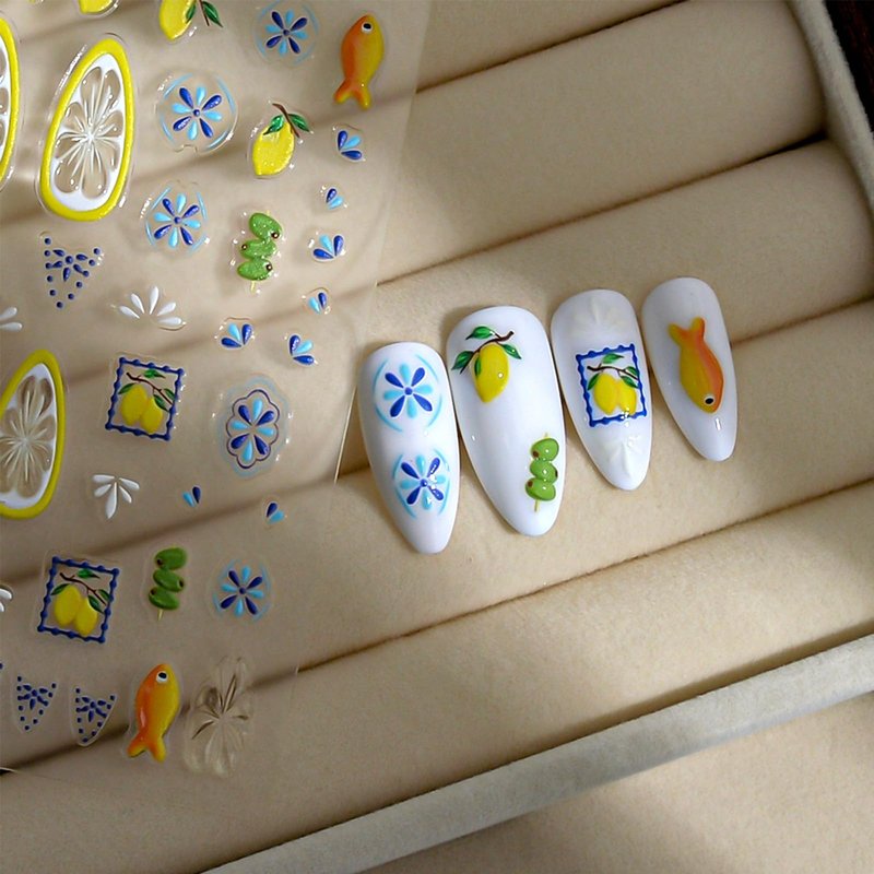 Bohemian Nail Art Stickers 5D Embossed Lemon Fruit Small Fish DIY Nail Design Stickers 2Pcs Self Adhesive Boho Style Blue Floral Nail Decals for Women Summer Vacation Manicure Decoration