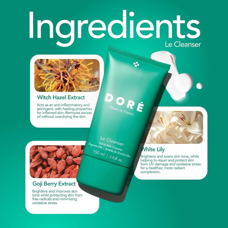 Doré Gel to Milk Daily Face Cleanser - Gentle Hydrating Makeup Remover for Dry & Sensitive Skin (5 fl oz | 150 ml)