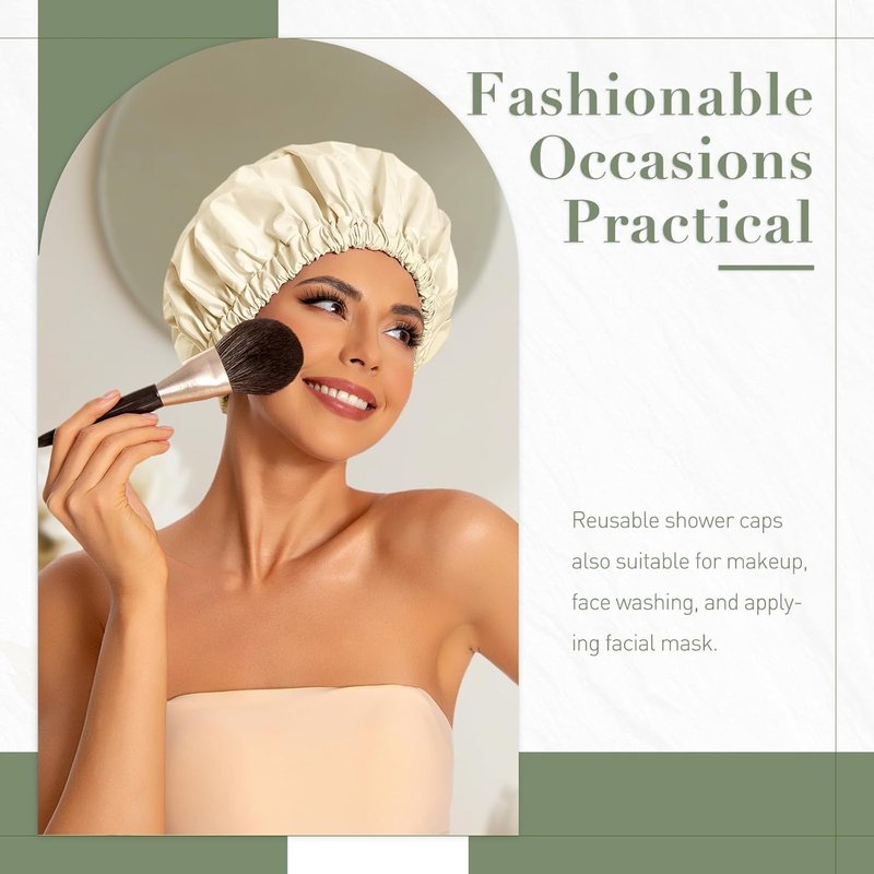 Reusable Waterproof Shower Cap for Women - Large Elastic Hair Bonnet for Long, Curly Hair | Champagne Color