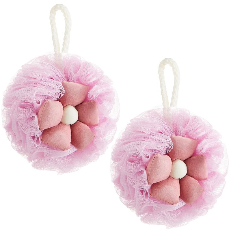 Afarnook 2 Pack Cute Flower Loofah for Women, Bath Loofah Sponge, Mesh Pouf Flower Body Scrubber, Exfoliating Shower Sponge, Bath Scrubber for Sensitive Skin in Beauty Bathing Accessories(Pink)