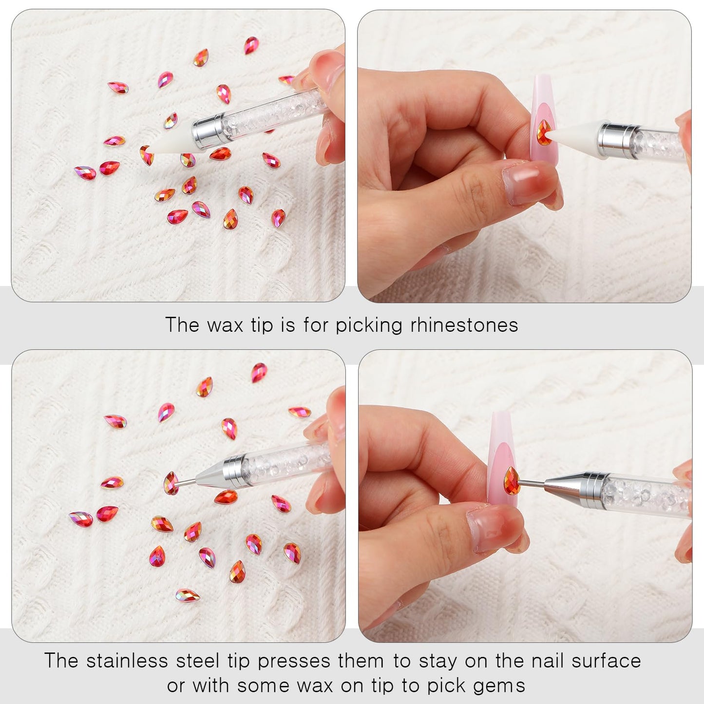 Tatuo 4 Set/26 Pcs Rhinestone Picker Tool Dotting Pen Dual-ended Nail Art Rhinestones Applicator Gems Crystals Beads Picker Wax Pencil with 20 Wax Head 2 Tweezers DIY Nail Art Tool(White,Black)