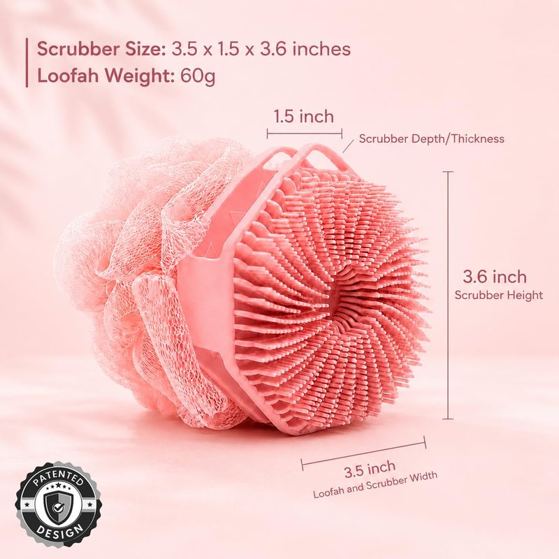 2-in-1 Silicone Body Scrubber & Mesh Loofah Sponge – Exfoliating Silicone Shower Scrubber with Soft Loofa Puff, Bristles, Non-Slip Grip, Quick Dry, Hygienic Body Scrubber for Women & Men