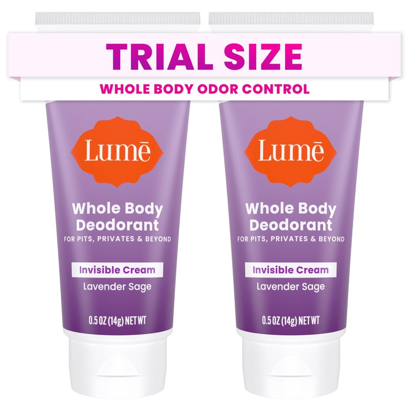 Lume Whole Body Deodorant - Mini Travel Size Invisible Cream Tube - Trial Size - 72 Hour Odor Control - Doctor Developed - Aluminum Free, Baking Soda Free - .5oz (Pack of 2) (Lavender Sage)