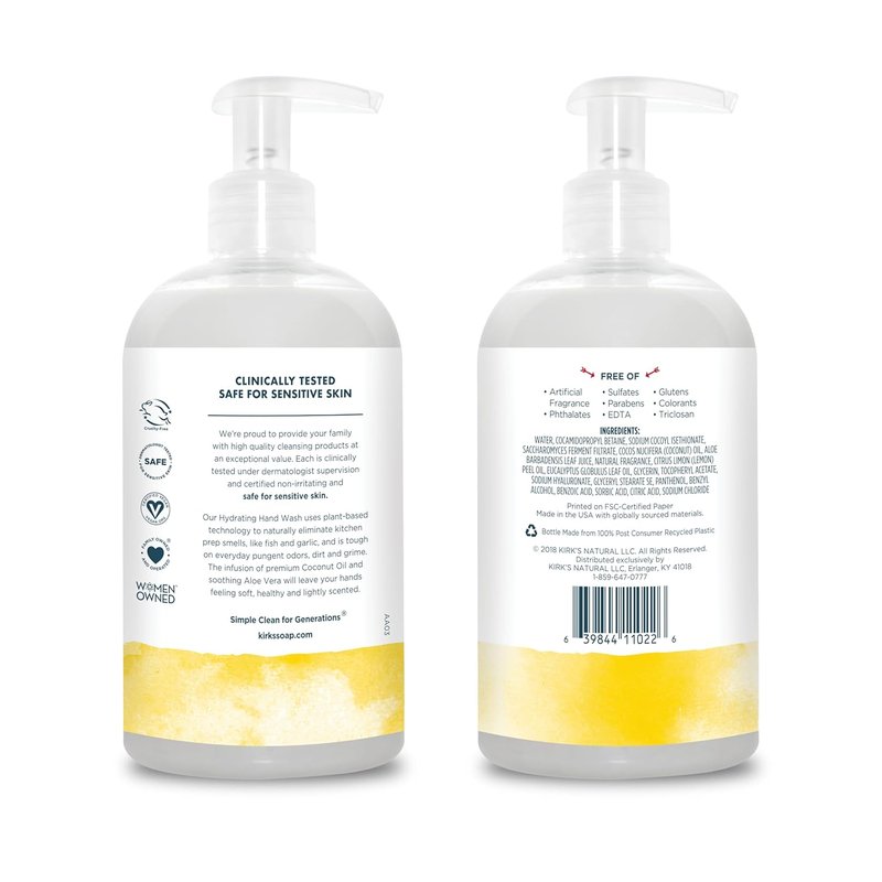 Kirk's Odor-Neutralizing Clean Hand Soap Castile Liquid Soap Pump Bottle | Moisturizing & Hydrating Kitchen Hand Wash | Lemon & Eucalyptus Scent | 12 Fl Oz. Bottle
