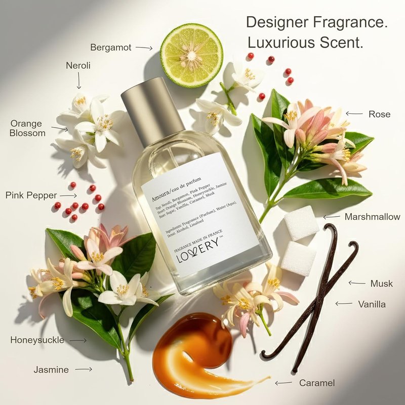 Amoura Eau De Parfum - Marshmallow & Floral Scent | Long-Lasting Women's Fragrance 100mL + Travel Spray 10mL