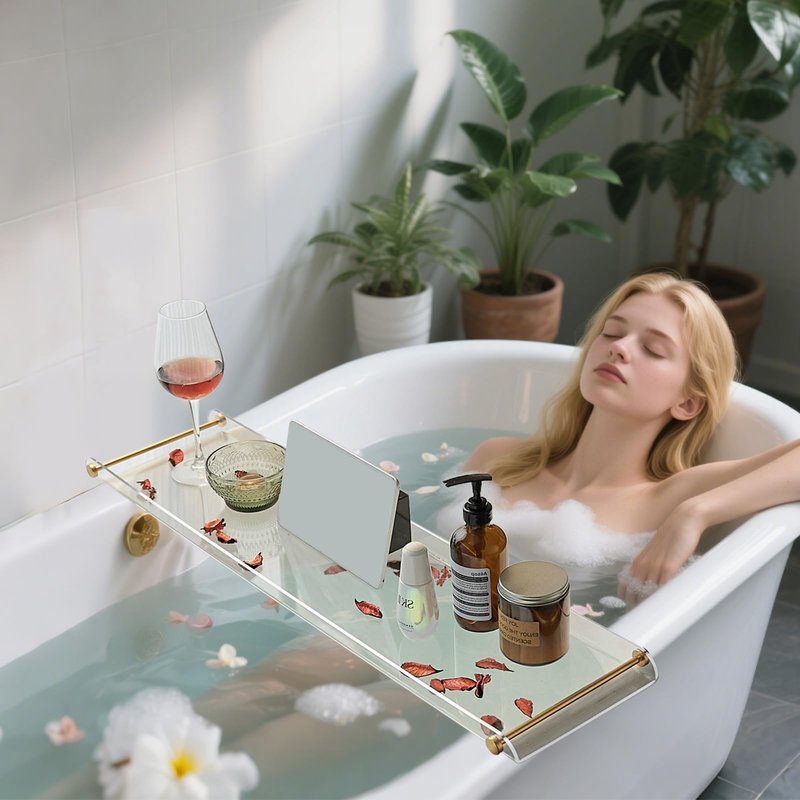 Bathtub Tray Clear Caddy Rack Acrylic Tub Tray Shelf with Gold Rails 31.5 inches Bathroom Accessories Rack Suitable for All Bathtubs.