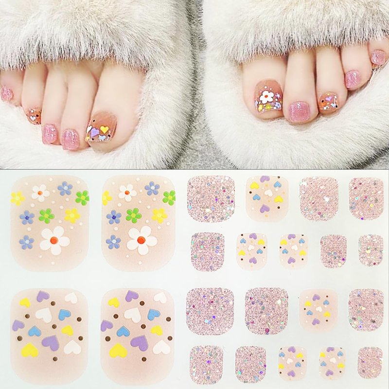4 Sheets Spring Floral Gel Toe Nail Stickers Full Nail Wraps Summer Cherry Toenail Polish Strips for Women Self-Adhesive Toe Stickers Polish Gel Toenails Stickers with 1pcs Nail File