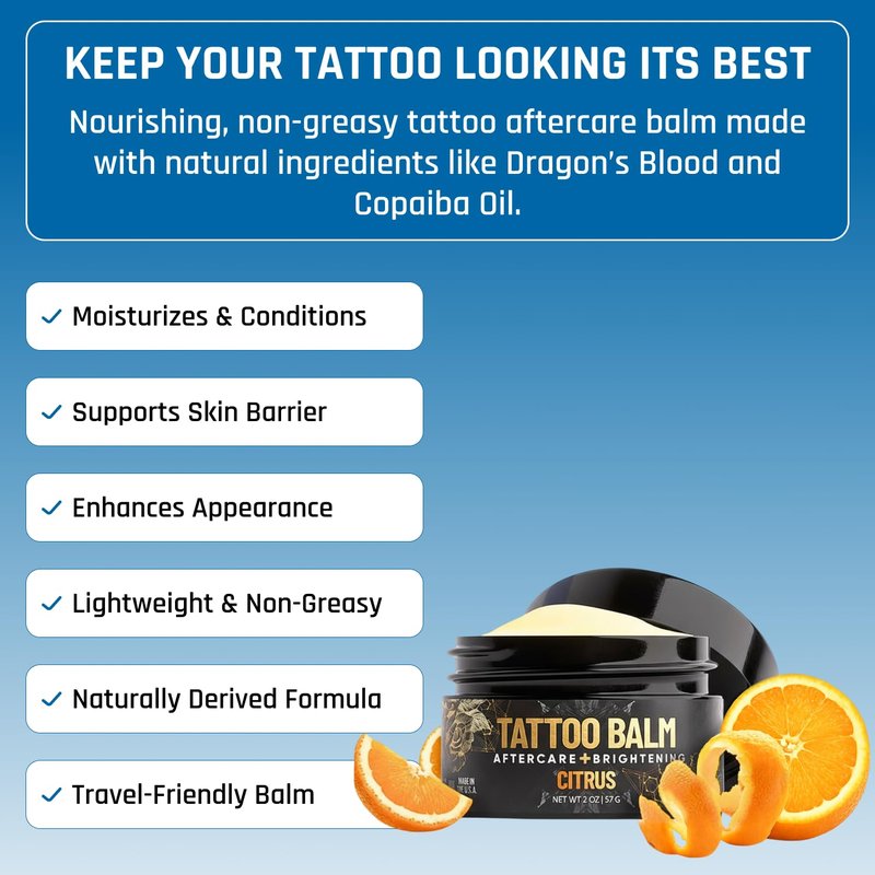 Derm Dude Tattoo Aftercare Brightening Balm | Moisturizing Balm to Heal Protect & Rejuvenate New & Existing Tattoos | Non-Greasy Formula with Dragon's Blood, Shea Butter & St John's Wort, Citrus 2oz