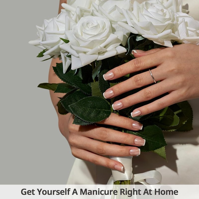 BTArtbox Press On Nails - Chrome French Tip Square Design | 32 Semi-Transparent Soft Gel Nails in 16 Sizes