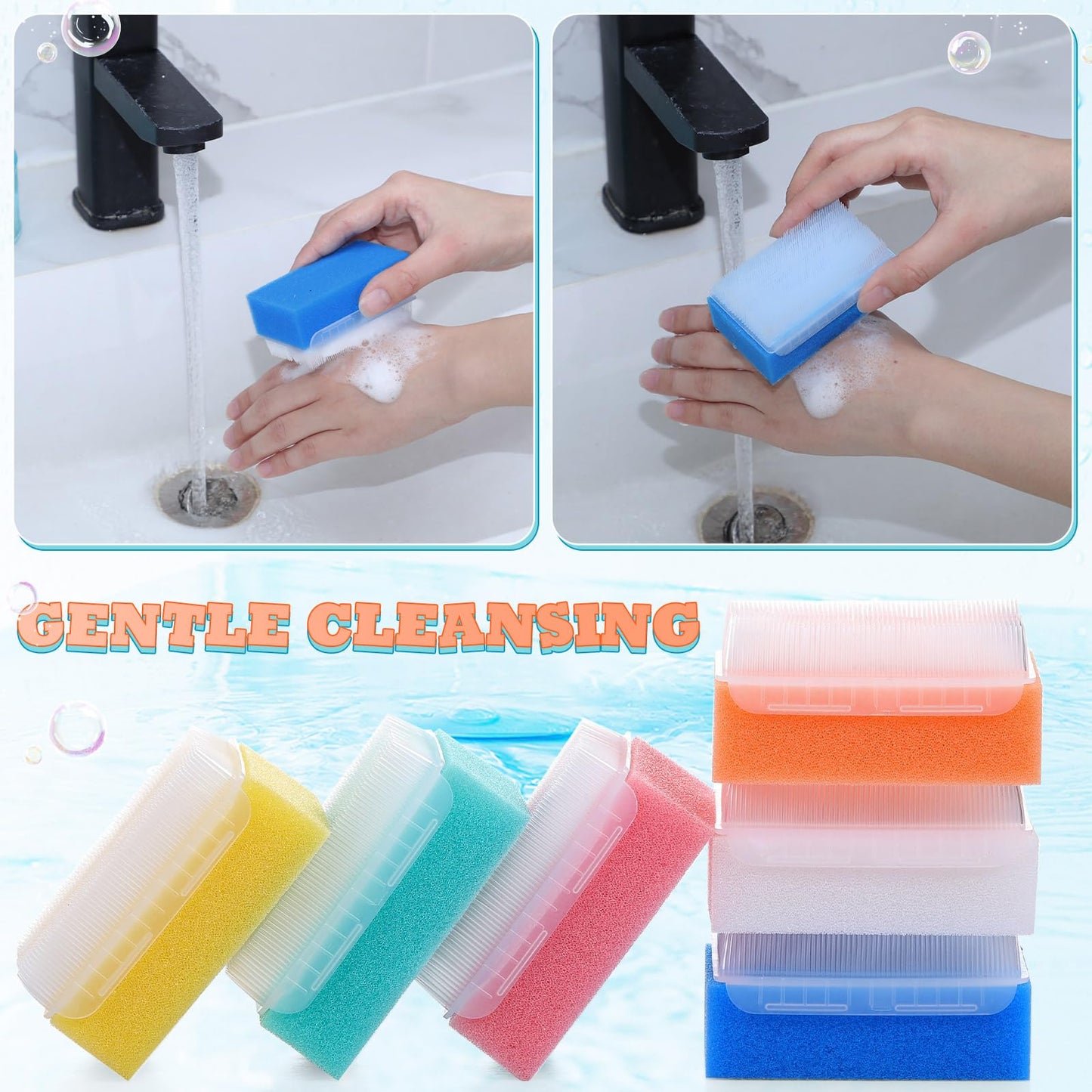 Sunnyray 6 Pack Bath Sponges Soft Foam Scrubber with Cradle Cap Bristle Brush 2 in 1, Cleansing Body, Hair and Scalp Cleansing, Gentle on Baby and Toddler Sensitive Skin, Sterile and Safe
