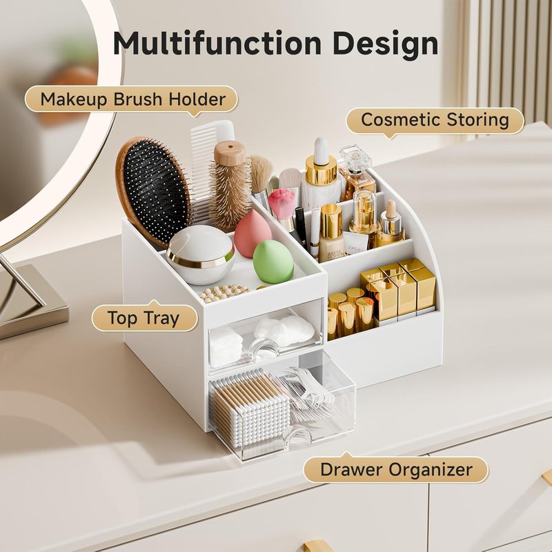 Skiennix Makeup Organizer - 2 Drawer Vanity Storage with Brush Holder | White Countertop Display Case